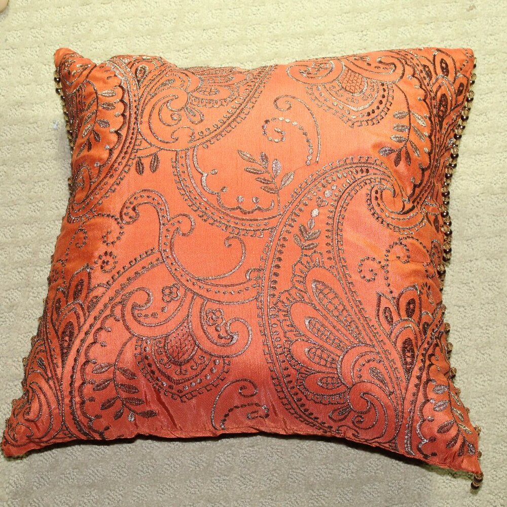 PIER 1 Imports Rust Red Bronze Embroidered Couch Pillows Bead Trimmed Non-Smoke